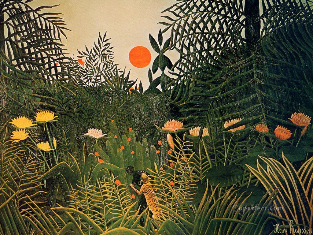 negro attacked by a jaguar 1910 Henri Rousseau animals Oil Paintings